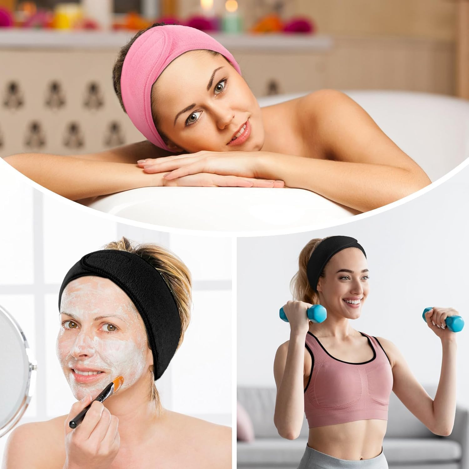 CUEMOON Pack of 3 Cosmetic Headband Terry Cloth Hair Band for Make Up, Adjustable Hair Protection Band with Fastening for Sports, Yoga, Washing, Spa image number 2