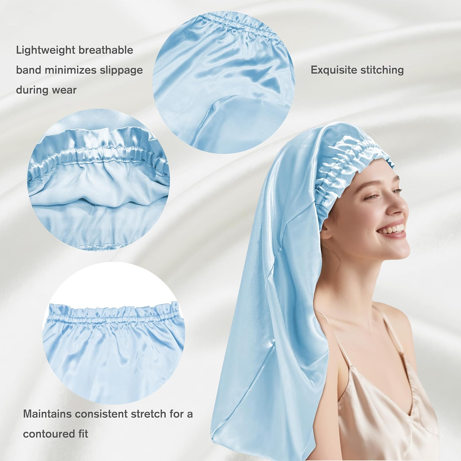 Townssilk Silk Bonnet for Sleeping, 100% 22 Momme Mulberry Silk for Women, Luxurious, Breathable, Sits Safe Overnight & Pressure Free, Ideal for Long & Curly Hair - Iceblue 32Cm image number 3