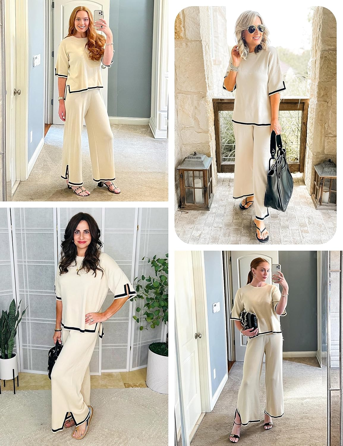 Women 2 Piece Sweater Set Short Sleeve Knit Pullover Tops High Waist Wide Leg Pants image number 3