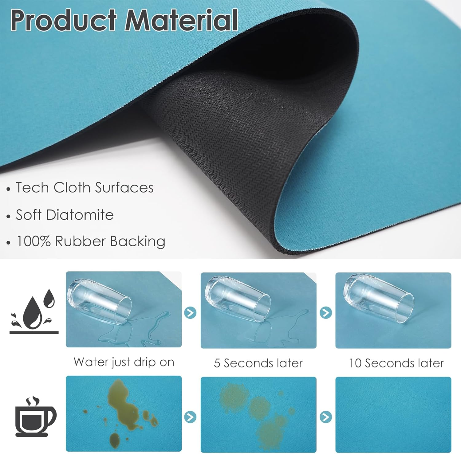 Dish Drying Mat for Coffee Kitchen Counter, Non-Slip Rubber Backed Absorbent Quick Dry Pad for under Coffee Maker Coffee Machine Coffee Pot Espresso Machine Dish Rack (Blue, 40*60Cm) - Blue image number 2