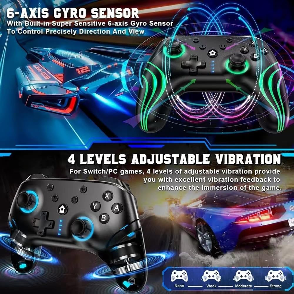Wireless Switch Pro Controller with Hall Triggers, PC Pro Controllers for Nintendo Switch/Lite/Oled/Pc/Android/Ios/Steam with 9-Cool RGB Leds, 6-Axis Gyro Sensor Wake-Up Vibration Turbo - Black