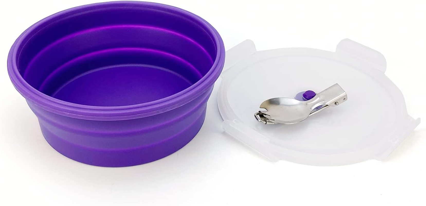 Lunbengo 1200Ml Large Camping Bowl with Foldable Spoon, Collapsible Bowl with Lid, Silicone Bento Box, for Travel Camping Meal Prep & Food Storage, Microwave Dishwasher Safe, Purple
