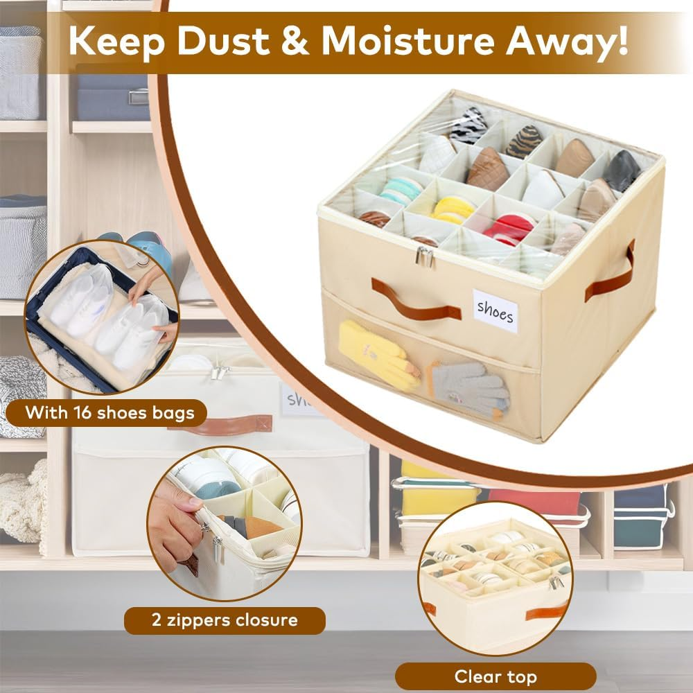 Shoe Storage Box with 16 Bags, TINY SPARK Foldable & Adjustable Organiser with Clear Cover and Leather Handles, Fits 8-16 Pairs, Beige, 43&times;43&times;31Cm (16.9&times;16.9&times;12.2In) image number 1