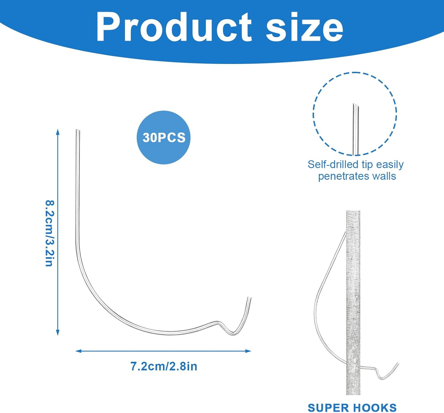 30Pcs Super Hook Picture Hanger, Stainless Steel Monkey J Super Hooks Picture Hanger Hooks for Drywall Wood Plaster Walls, Gorilla Hanging Pictures Mirrors Artworks, for Home Office Decorations image number 5