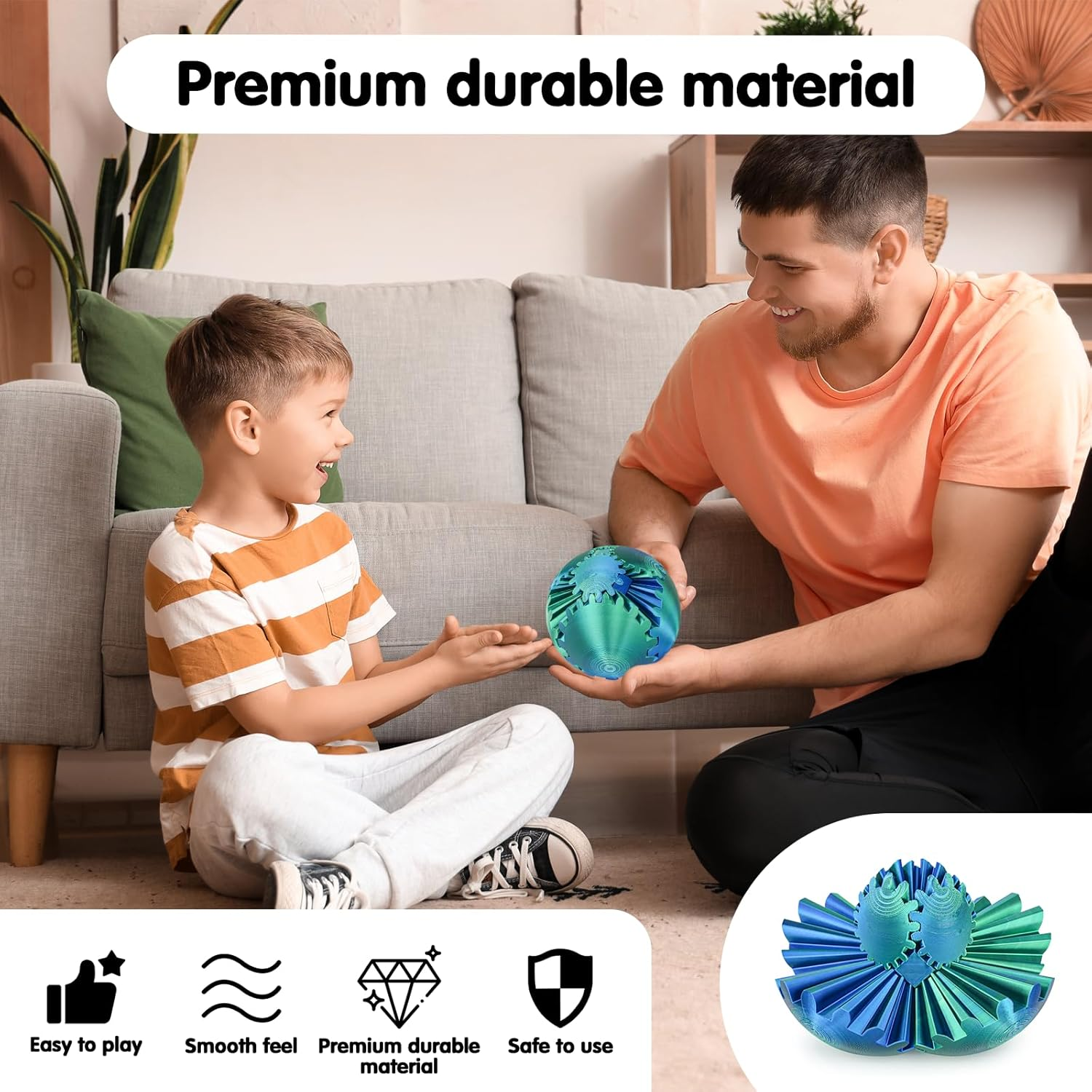 Gear Ball 3D Printed Spin Ball or Cube Fidget Toy,Gear Sphere Fidget Toy,Fidget Ball Gear Toy for Stress and Anxiety Relief, Stress Ball Gearsphere Desk Toy for Adults & Kids(Blue Green,8Cm) image number 3