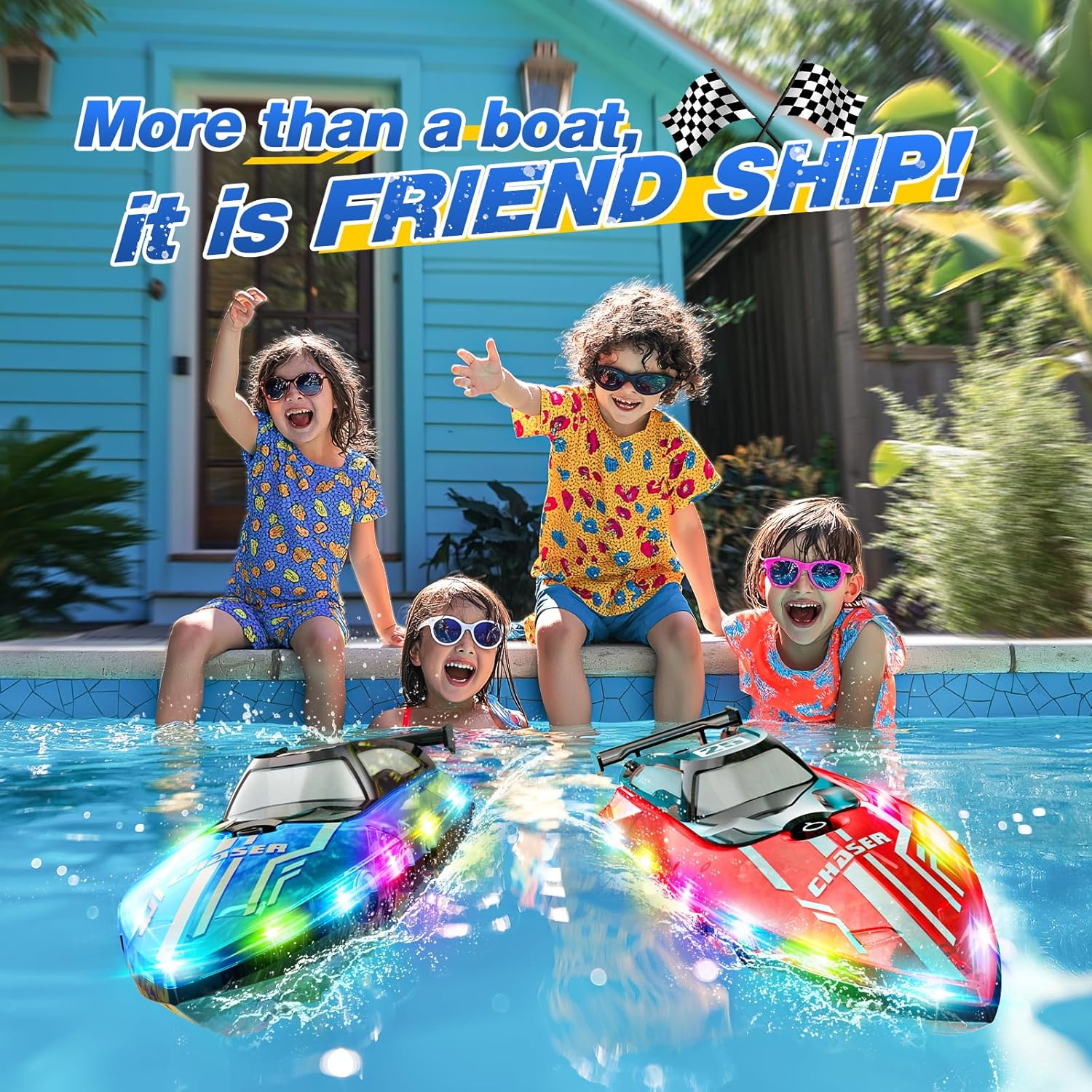 RC Boat with Dazzling LED Lights & US Flag,2.4Ghz Remote Control Racing Boats for Kids 8-12,Toy Water Boat for Pools and Lakes with Waterproof for Boys Girls Blue image number 5