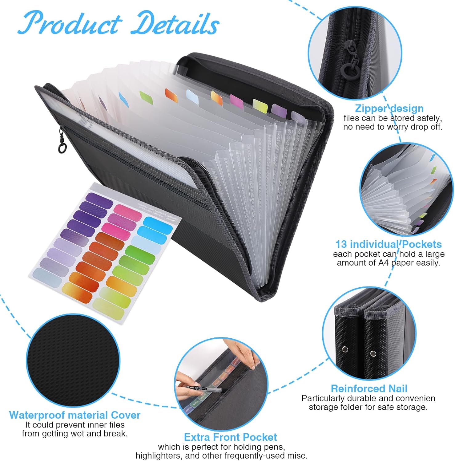 Expanding File Folder Featuring Adhesive Tags with 13 Pockets for Document Organiser, Large Capacity Accordion File Folder for A4-Sized Paper Organization Folder image number 1