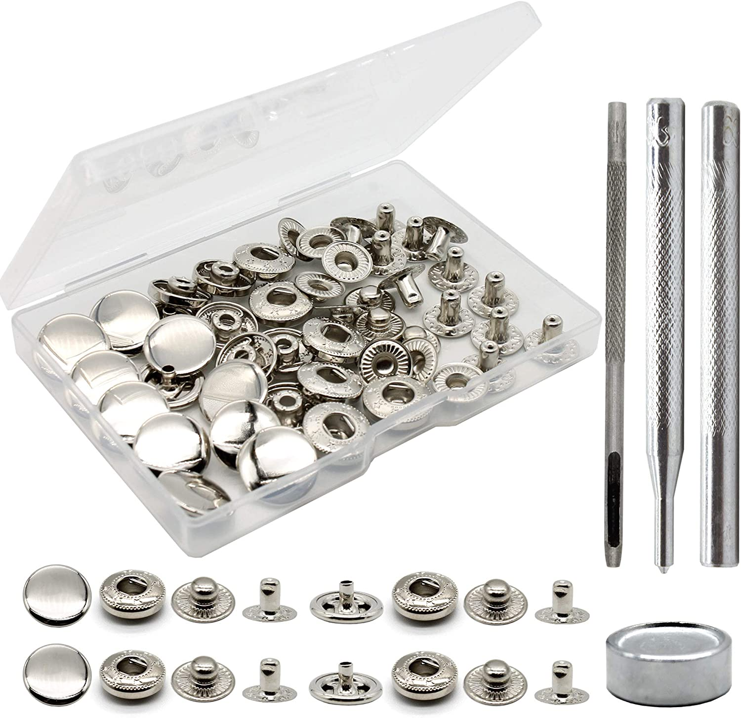 12 Sets Heavy Duty Leather Snap Fasteners Kit, 15Mm Metal Snap Buttons Kit Press Studs with 4 Install Tools, Leather Rivets and Snaps for Clothing, Leather, Jeans, Jackets, Bracelets, Bags (Silver) image number 7