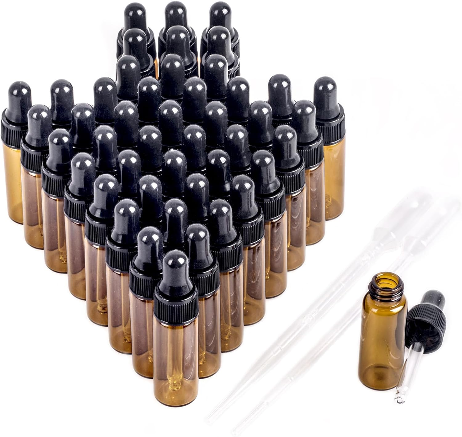 Easeen Sample Dropper Bottles, Mini Dropper Bottles with 2 Pcs Plastic Droppers for Traveling Essential Oils DIY Cosmetic Liquid Sample Perfume, Silver, 5ML-50PCS