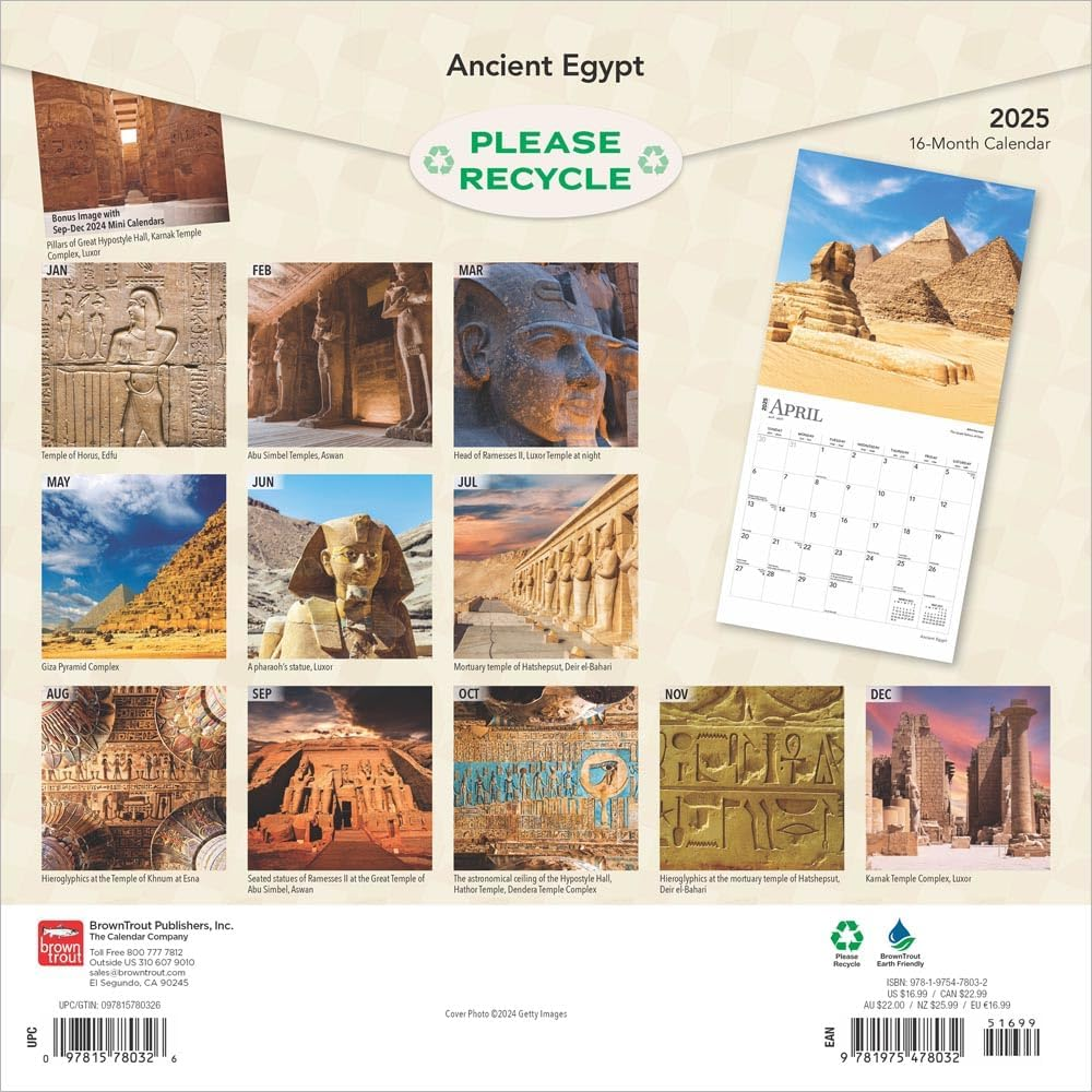 Ancient Egypt | 2025 12 X 24 Inch Monthly Square Wall Calendar | Plastic-Free | Browntrout | Travel Pyramids Pharaohs image number 1