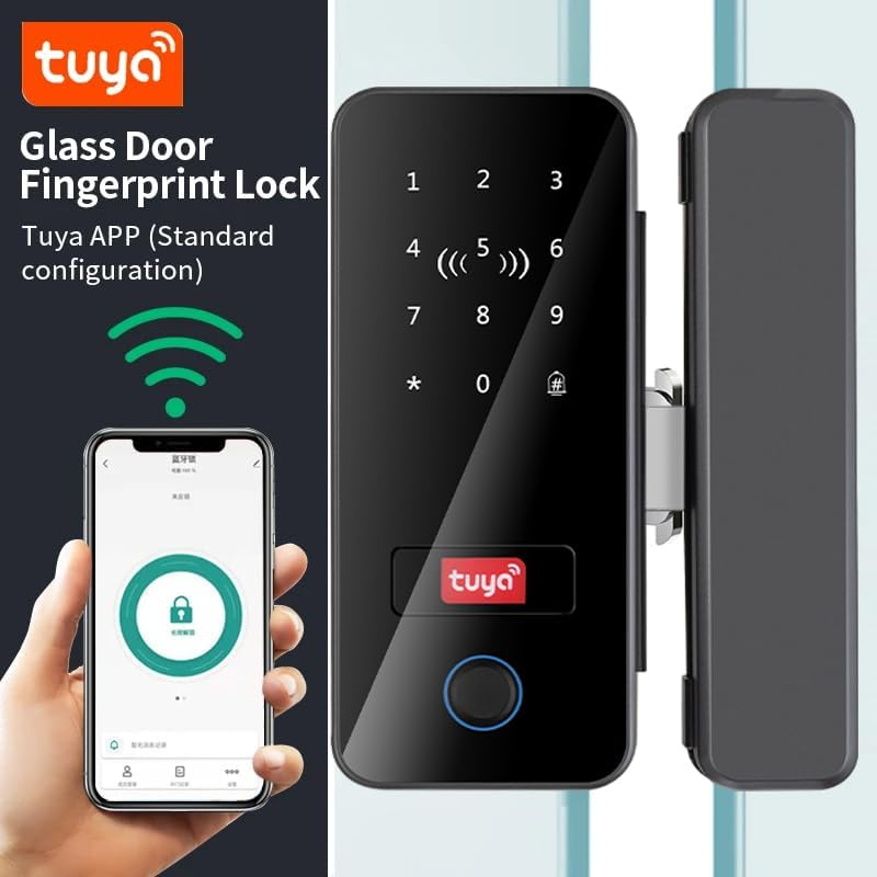 Uantii Smart Glass Door Lock Tuya Bluetooth Electronic Fingerprint Glass Door Lock for Office Glass Door,Sliding Door; App,Card,Passcode,Remote Control and Keys Unlock image number 2