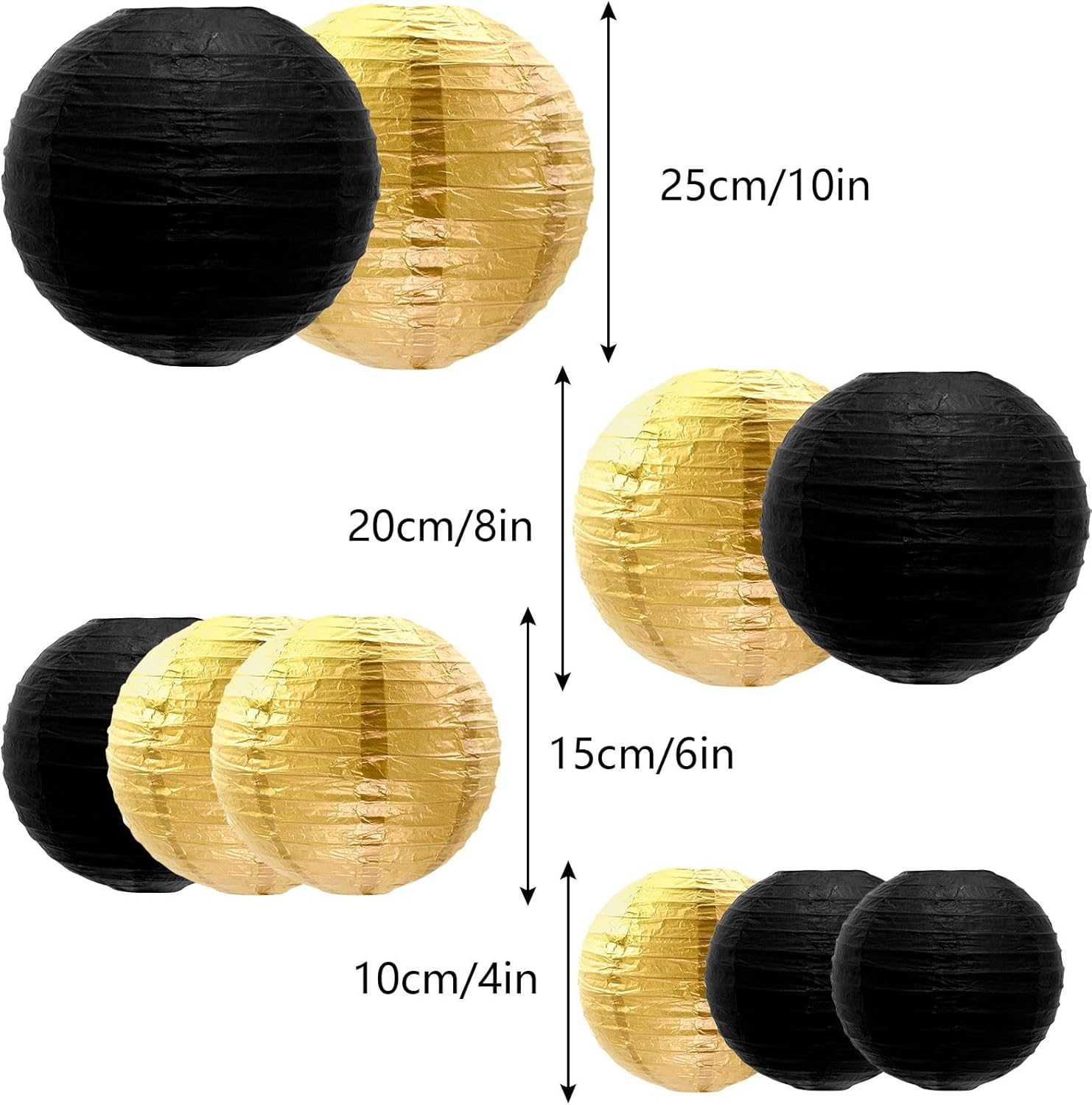 Dcsfadq Pack of 10 Black Gold Paper Lanterns Set Hanging Lantern Reusable Lanterns Decoration (10 Cm/15 Cm/20 Cm/25 Cm) Party Decoration Paper Lantern for Weddings, Garden Parties, Bride to Be
