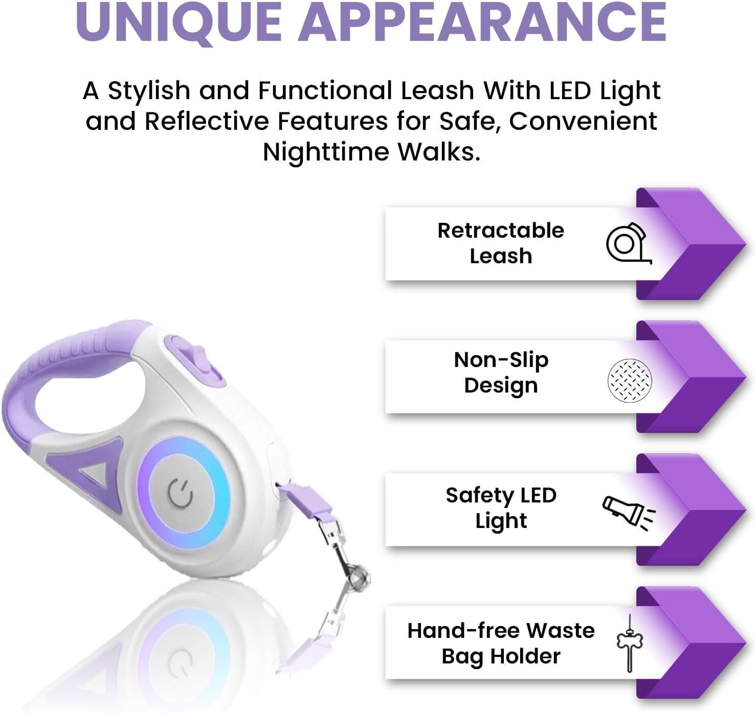 10Ft Retractable Dog Leash, Luminous Dog Walking Leash with Front Safety Led Light - 360&deg;Tangle-Free Training Leash for Ultimum Freedom with Anti-Slip Handle Dogs & Cats - Purple image number 2
