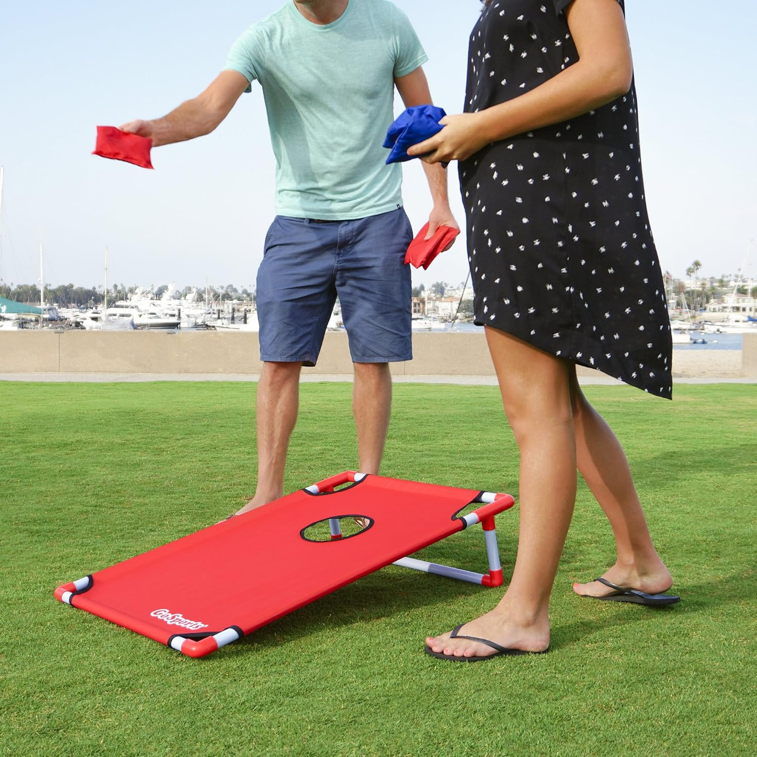 Gosports Portable PVC Framed Cornhole Toss Game Set with 8 Bean Bags and Travel Carrying Case - Choose American Flag Design, Red & Blue or Football image number 4