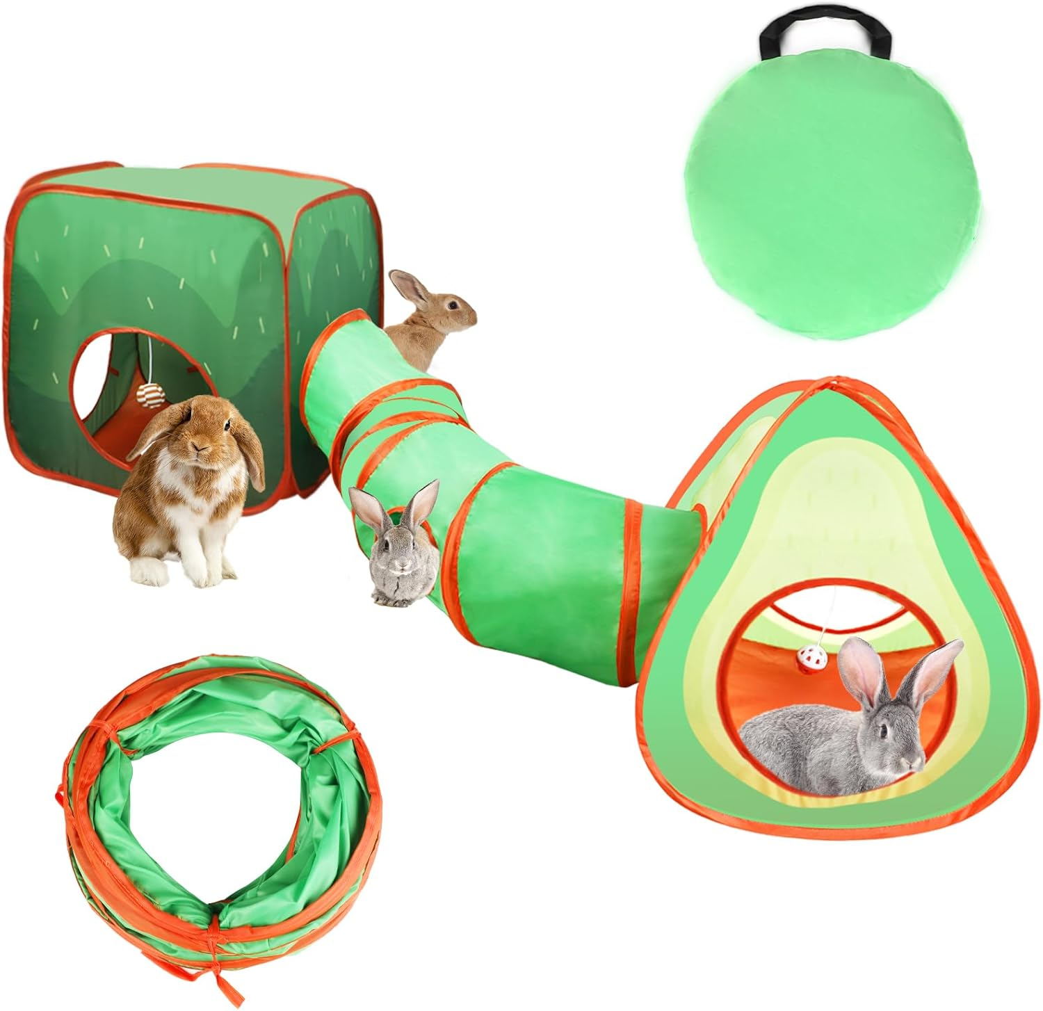 YUEPET Rabbit Tunnel and Cube Collapsible Tent Bunny Interactive Crinkle Tunnel Toys Small Animal Hideout with Play Ball for Dwarf Rabbit Bunny Guinea Pig (Avocado)