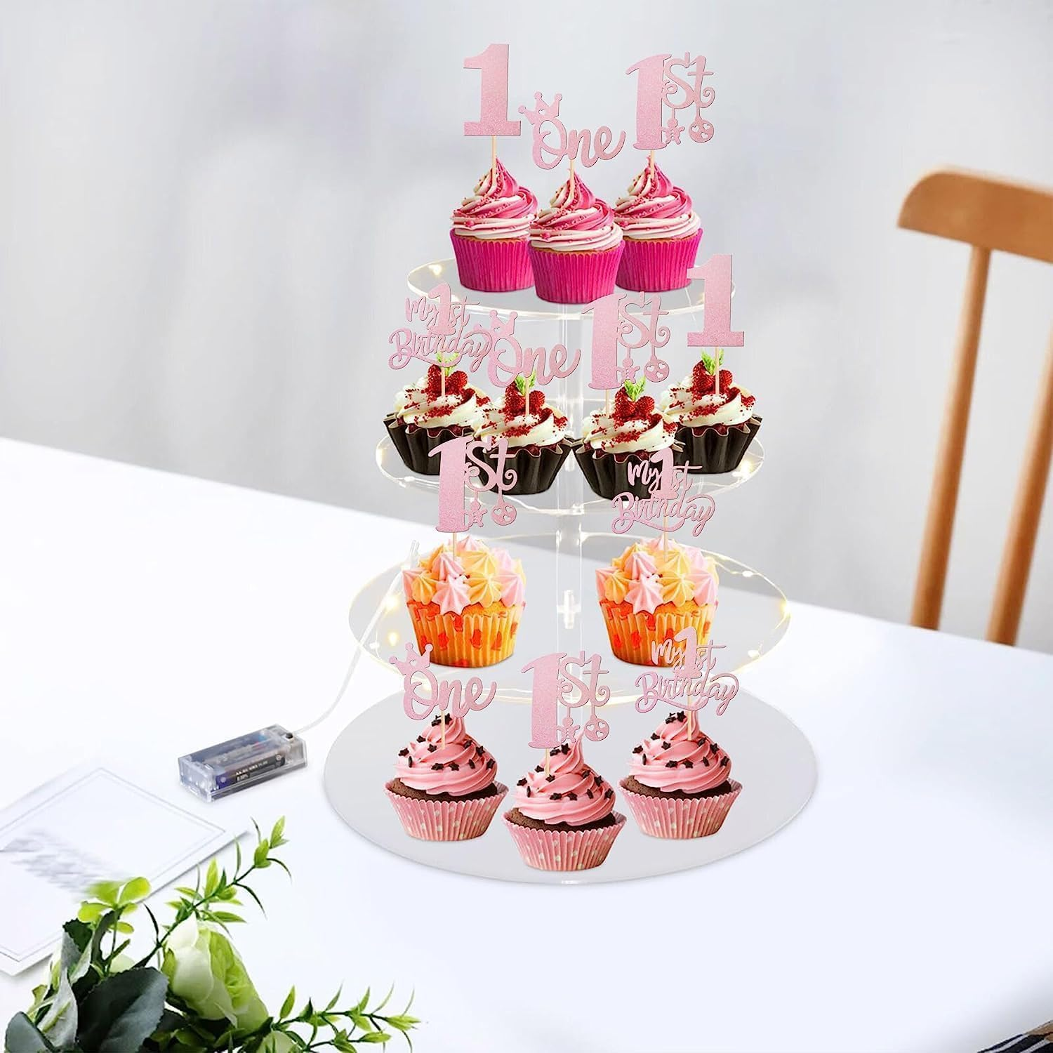 SYKYCTCY 24 Pack One Birthday Cupcake Toppers Glitter Happy 1St Birthday Cupcake Picks Crown Happy Birthday Cake Decorations for First Baby Shower Anniversary Party Supplies (Pink) image number 3