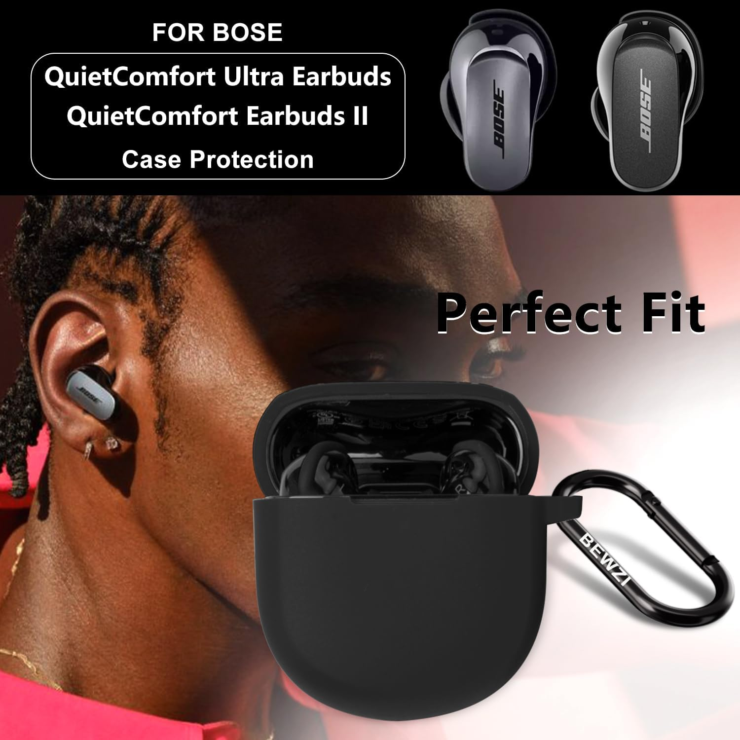 BEWZI for Bose Quietcomfort Ultra Earbuds/Quietcomfort Earbuds 2 Case Cover with Hook Vogue Simple Style Super Thick Soft Protective Case for Bose Quietcomfort Ultra Case (Black) - Light Blue image number 5