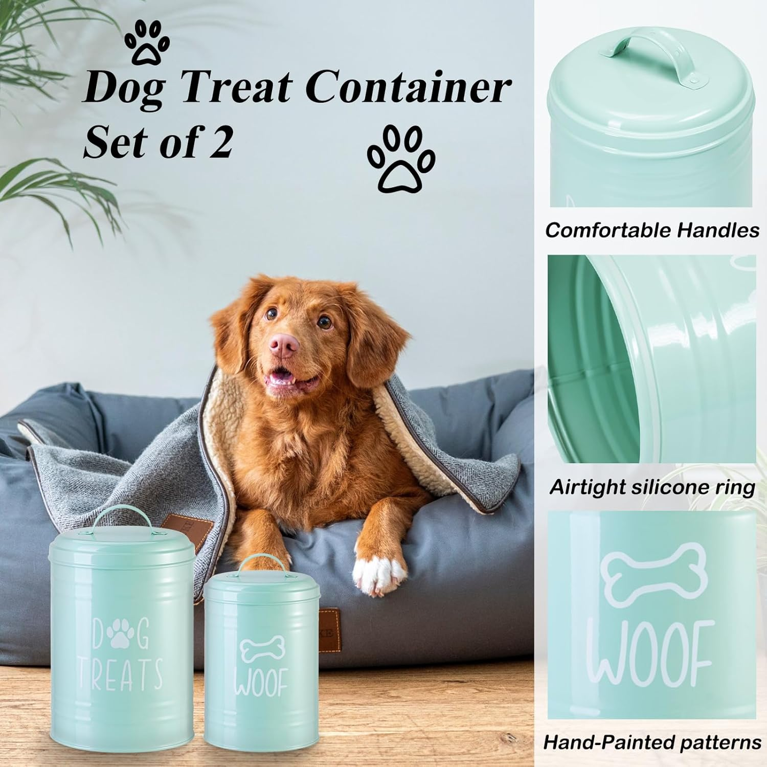 Dog Treat Container Airtight, Dog Treat Jar Set of 2 with Lid - 9X5.5''&7X4'' Metal Dog Cookie Jar for Farmhouse Kitchen Counter, Green Pet Treat Container, Dog Treat Storage Container for Dogs, Cats - Black - Single image number 2