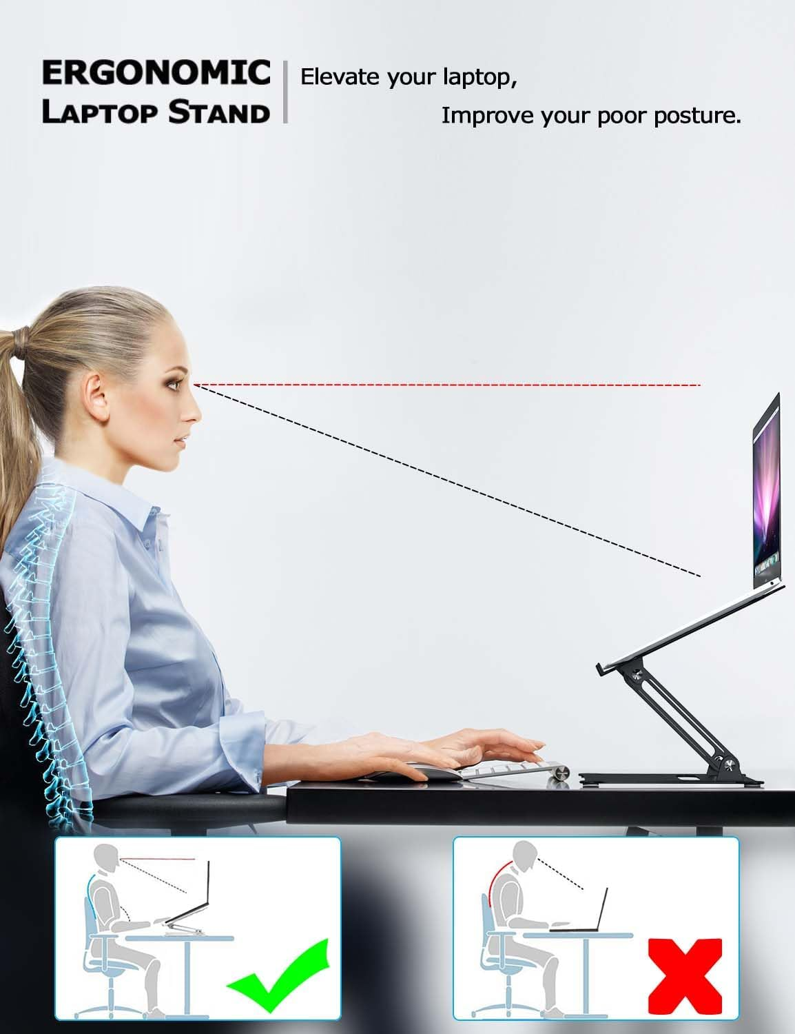 PHOCAR Laptop Riser Adjustable Laptop Stand Foldable Aluminum Portable Computer Stand Laptop Holder Compatible for Macbook,Hp, Lenovo,Surface,Dell, ASUS, Laptops up to 17 Inch image number 4