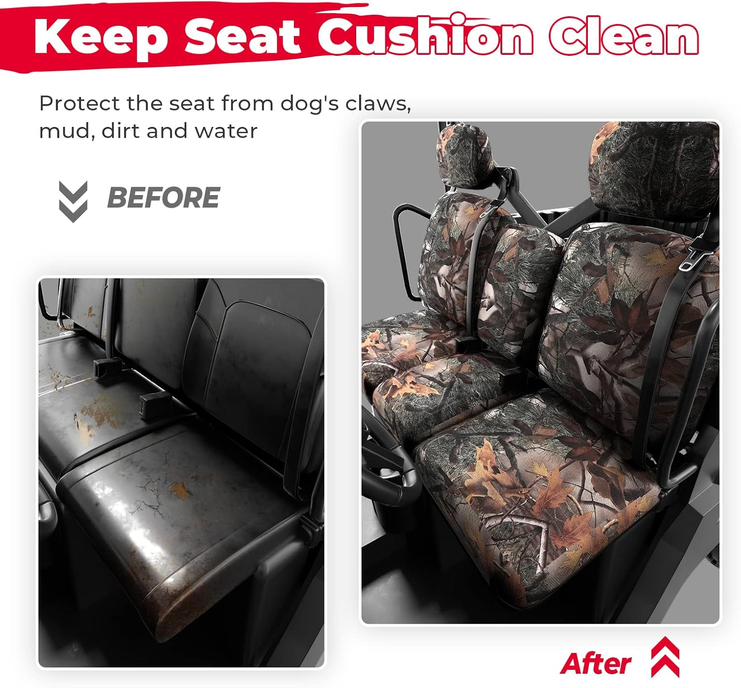 KEMIMOTO UTV Seat Covers Camo, Waterproof Repellent UTV Seat Cover Set W/Headrest Cover Compatible with Can Am Defender Front Two Doors Split Bench- Camo image number 1