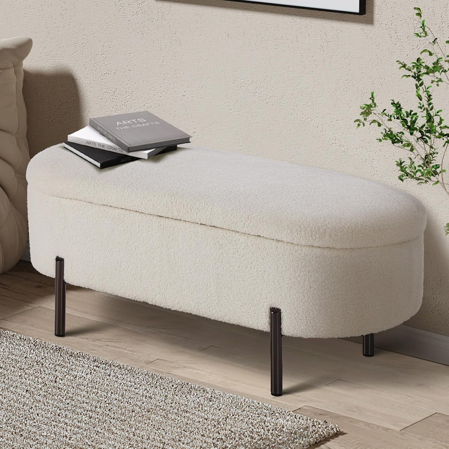Oikiture Storage Ottoman Oval Linen Ottoman Bench Footstool 98CM Storage Box Chest for Home Bedroom Furniture Toy, Grey