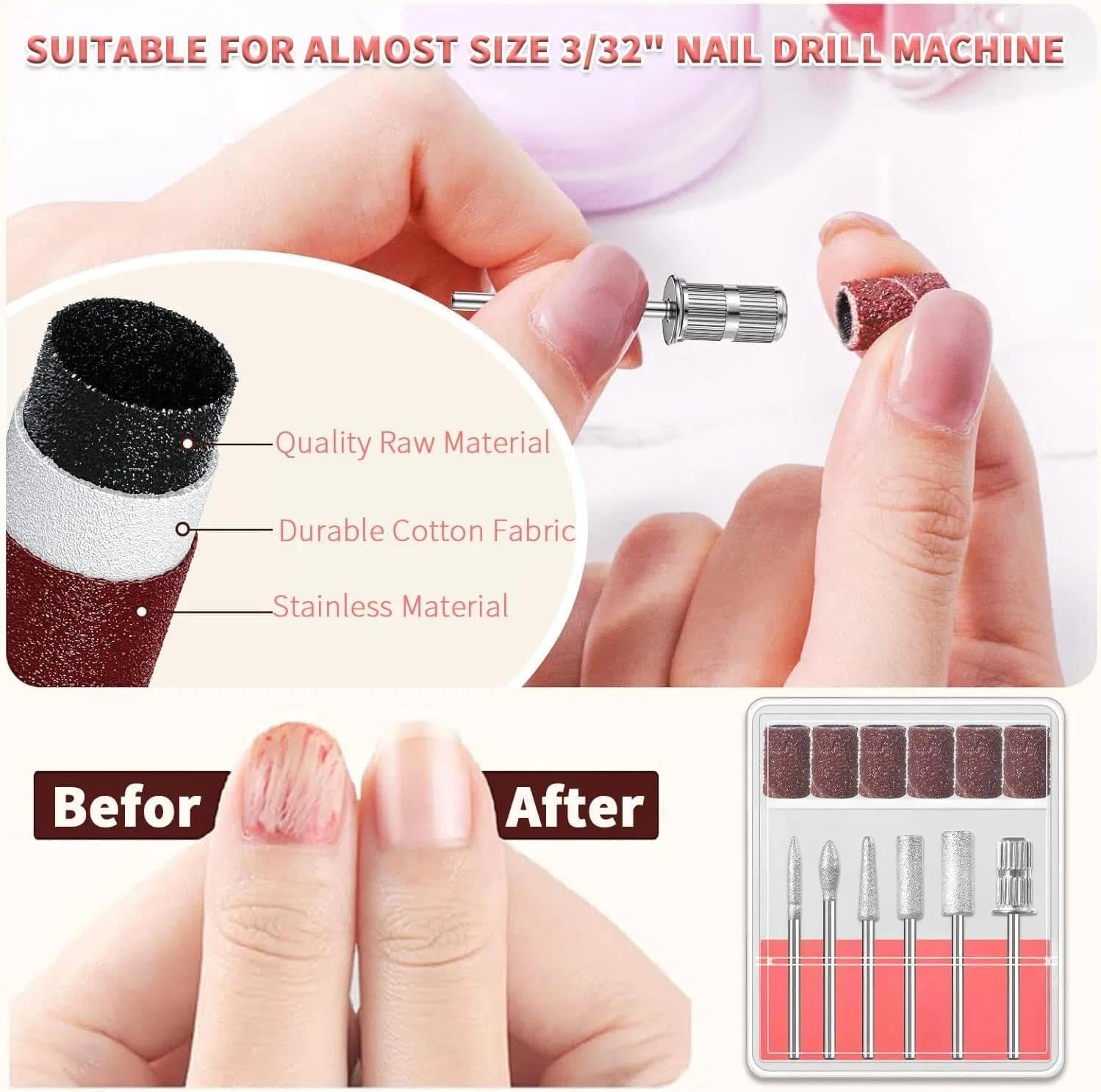 6 Pcs Professional Nail Drill Bits Set with Sanding Bands for Manicure Pedicure, Universal 3/32 Inch Size Stainless Steel - Fengea image number 1