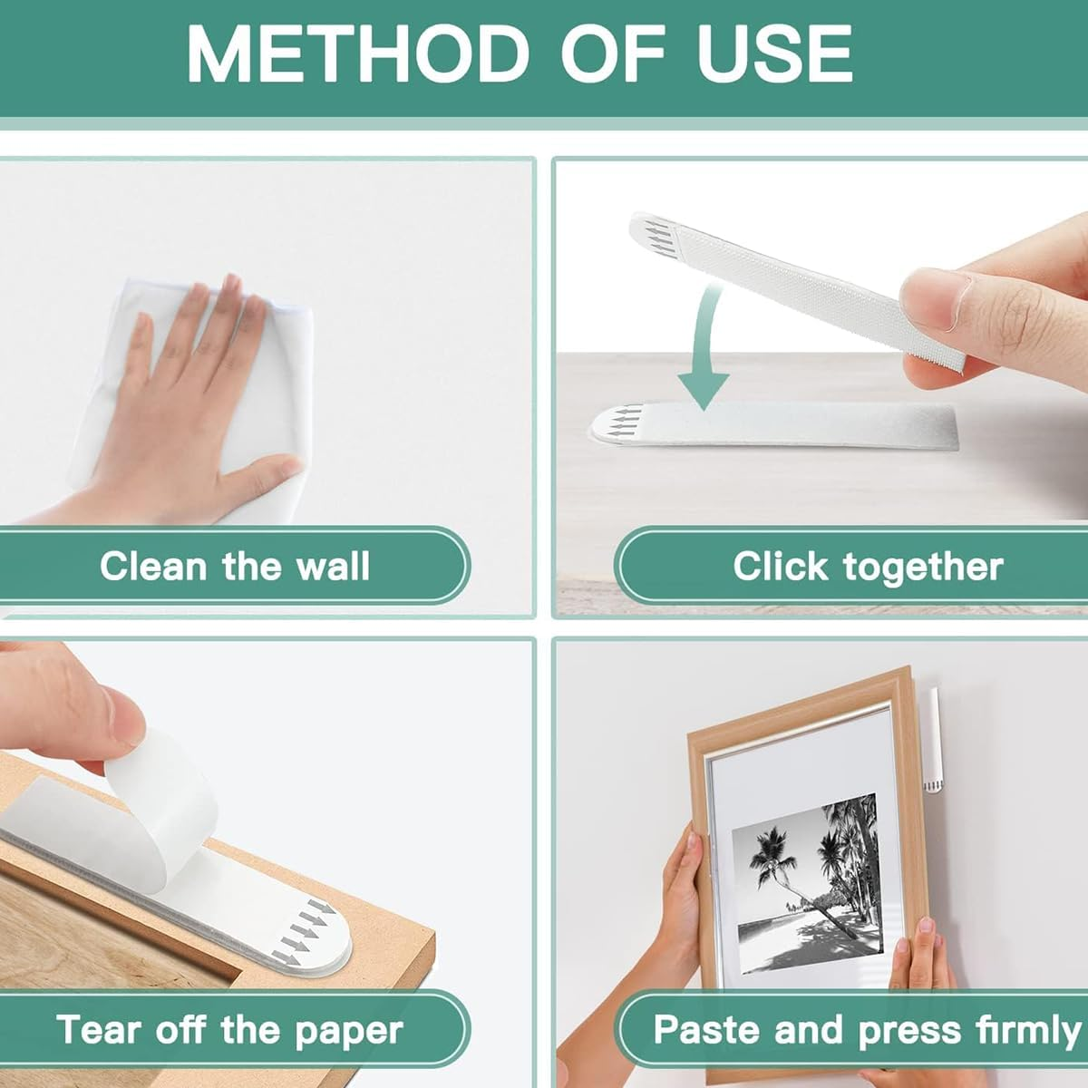 24 Pairs(48 Strips) Picture Hanging Strips Heavy Duty, Damage Free Removable Wall Tape,Adhesive Strips Double Side Hook Loop Mounting Tapes for Suitable for Photo Frames and Wall Art Storage Box image number 2