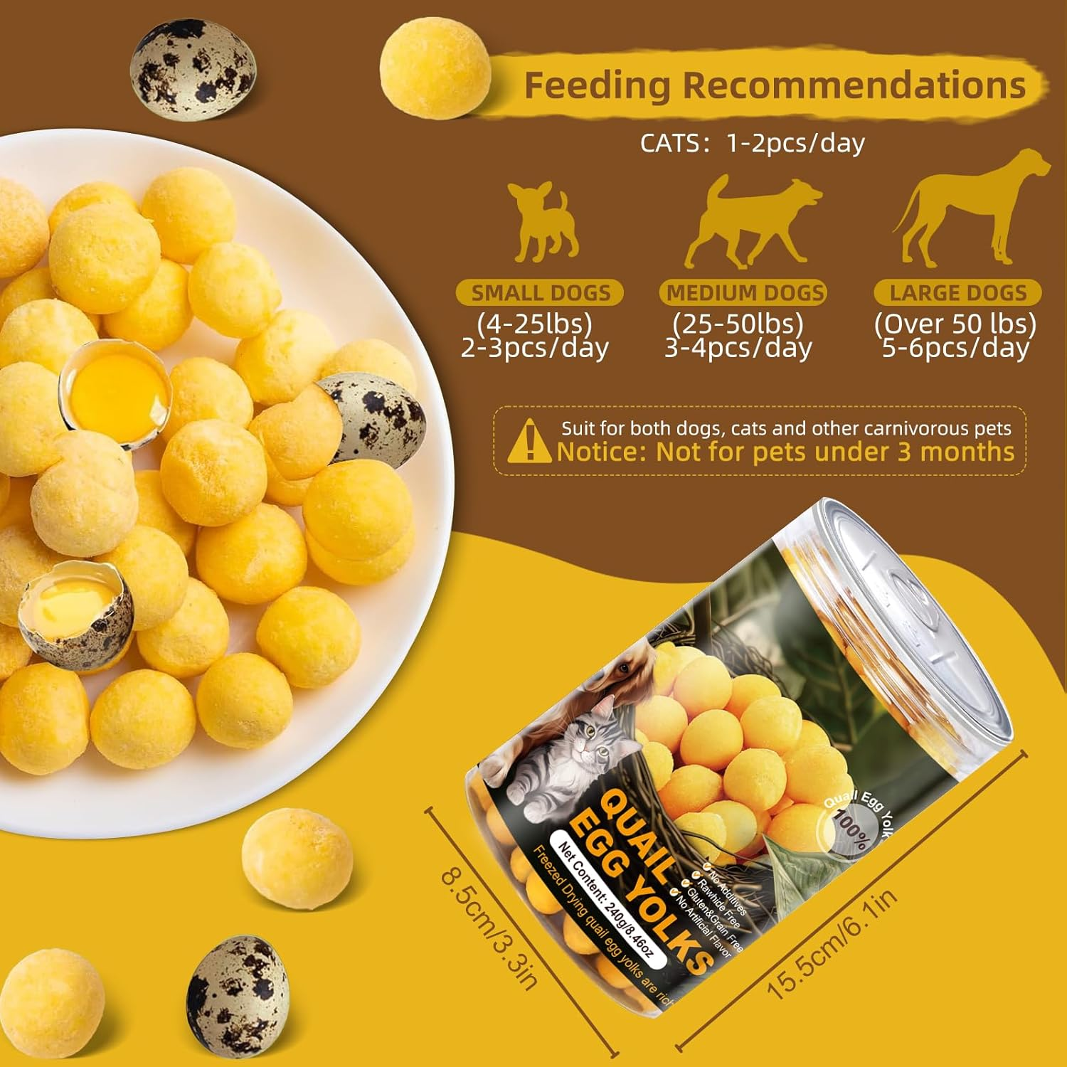 Freeze-Dried Quail Egg Yolk Pet Treats Snacks for Dogs Cats Natural High Protein, Healthy Tasty Freeze-Dried Pet Food Limited Ingredient Quail Egg Yolk 240G image number 5