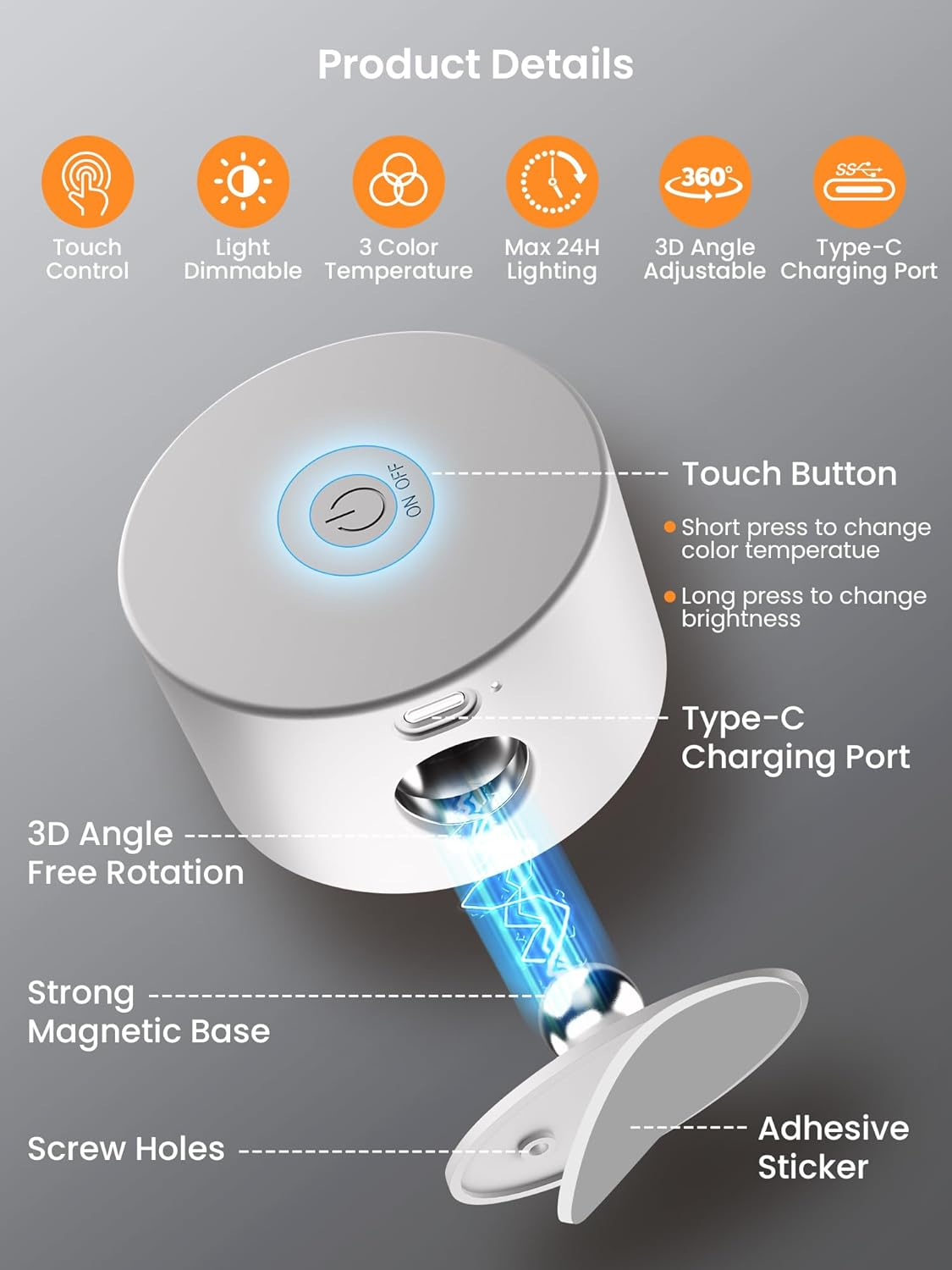 LED Wall Lights Battery Powered, 3 Color Temperatures and Dimmable, Wall Light Rechargeable Lamp 360&deg; Rotation Magnetic Cordless Picture Lights for Bedroom - 2 Pack image number 6