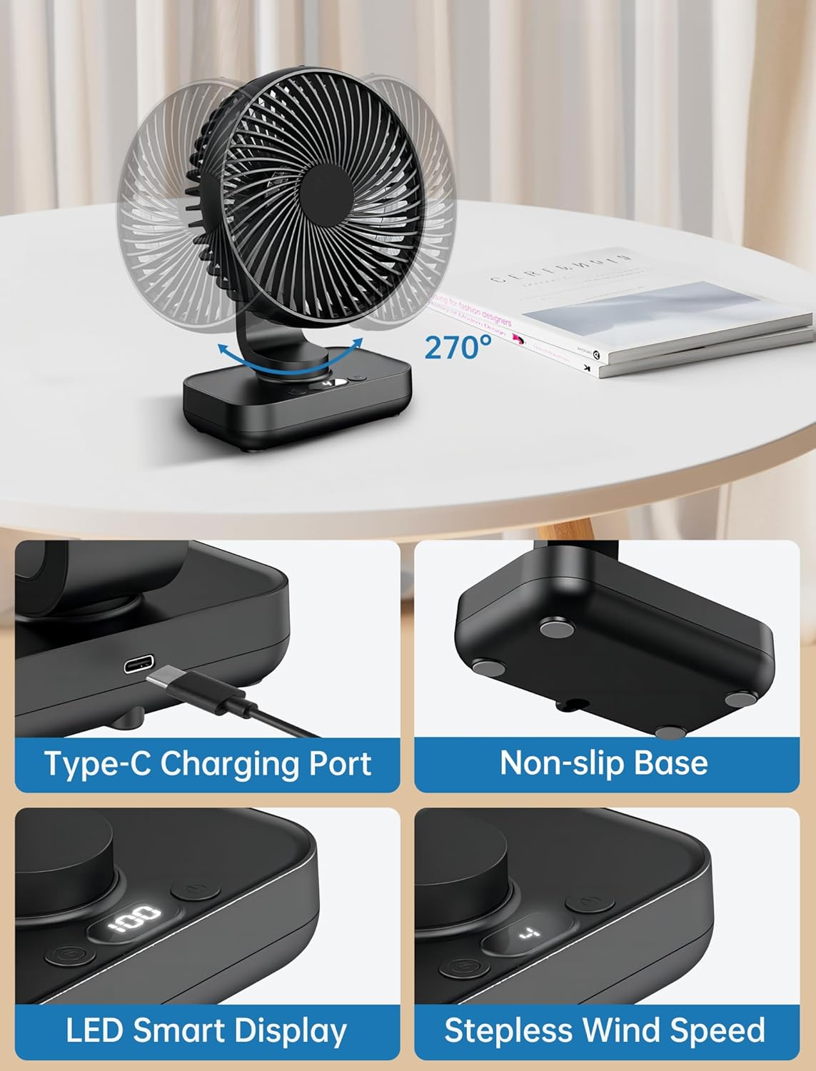 Mini Oscillating Fan Ultra Quiet 4000 Mah Battery Small Table Fan (4-13 H), 4 Speeds LED Digital Display Portable Fan for Library, Home Office, Compact Design image number 1