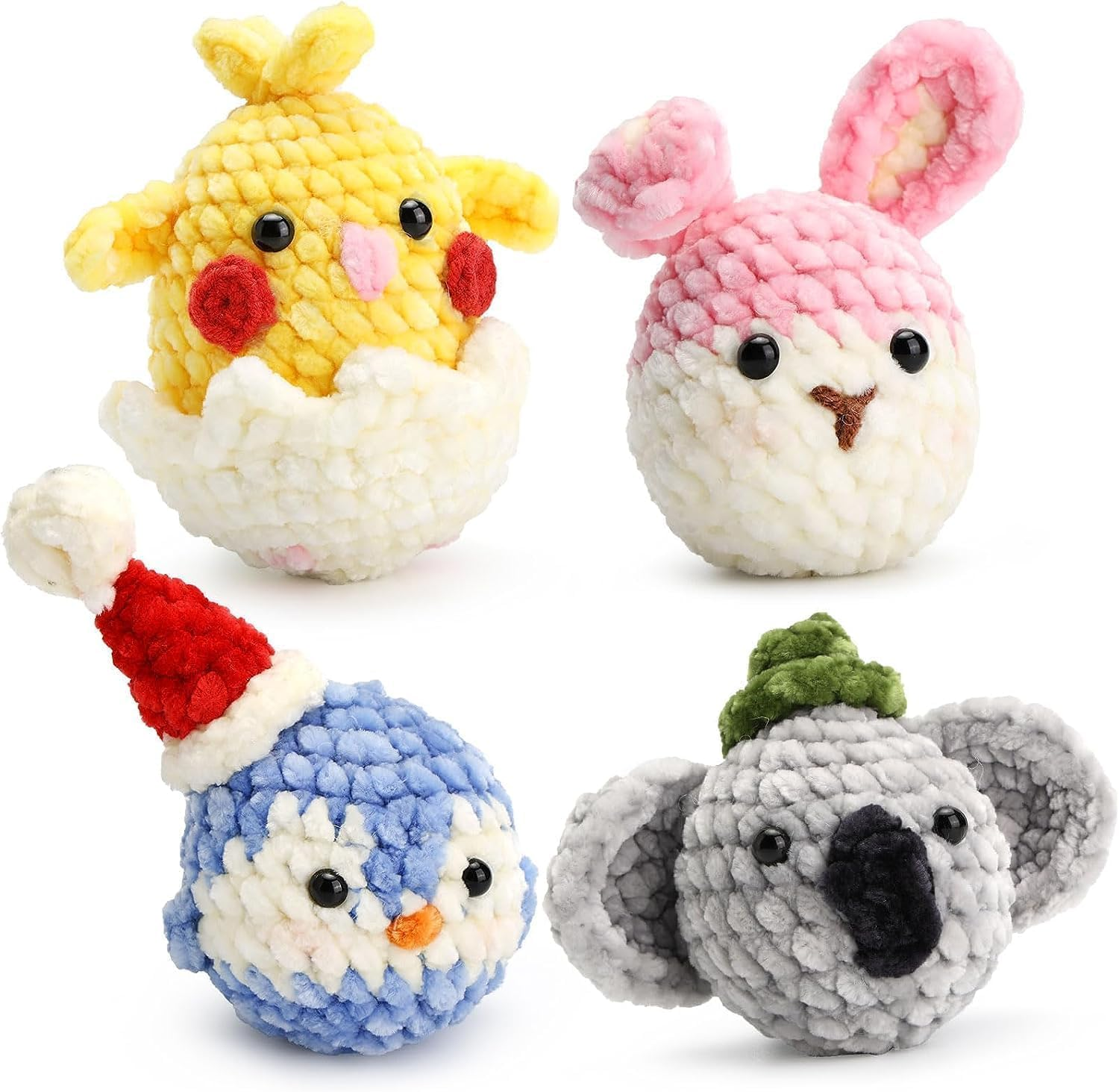 Crochet Kit for Beginners, 4 Pattern Animals, Rabbit, Koala, Penguin, Chick, Beginner Crochet Kit for Adults Step-By-Step Video Tutorials Enough Yarn, Stuffing, Hooks and Accessories