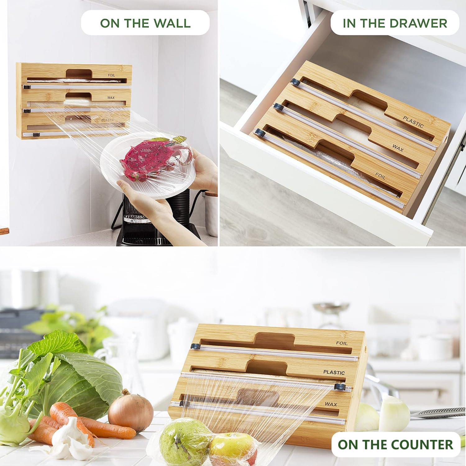 3-In-1 Wrap Organiser with Cutter &ndash; Foil, Cling Film & Baking Paper Dispenser, Fits 30&ndash;33Cm Rolls, Wall Mount or Drawer Use image number 2