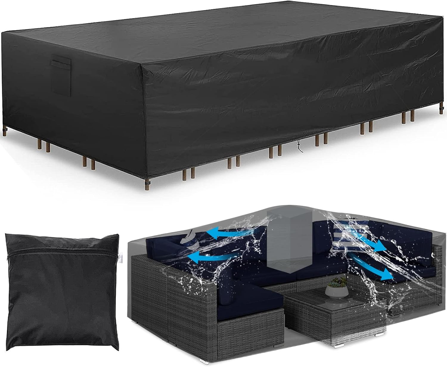 Patio Furniture Covers, Waterproof Outdoor Furniture Table and Chairs Cover, Rectangle Tear-Resistant Wind Dust Proof Furniture Set for Winter (110"L X 83"W X 28"H, Black) image number 3