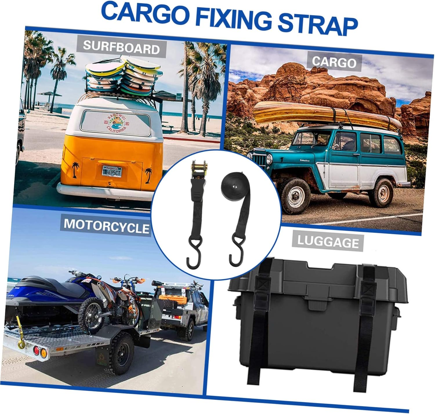 LOORGVEL 25Mm Cargo Fixing Strap and Cargo Tightening Rope 2 Sets, Black Car Luggage Fixing Belts for Travel and Motorcycle Accessories image number 2