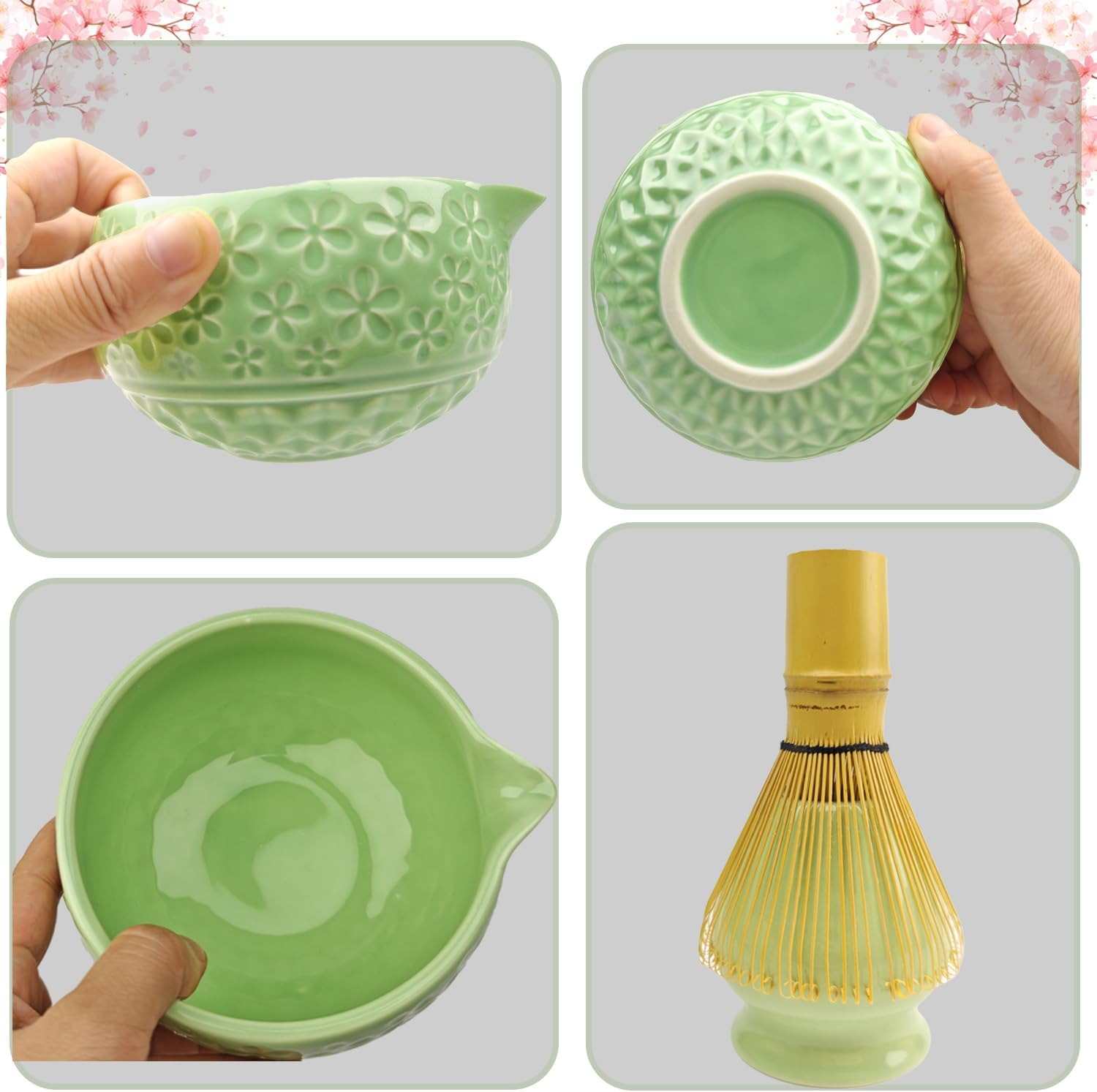 Matcha Whisk Set,5-Piece Ceramic Japanese Matcha Set Includes Matcha Bowl, Matcha Whisk and Holder, Bamboo Scoop, Scoop Rest, Sifter and Tea Towel - Matcha Kit for Matcha Lovers (Green) image number 2