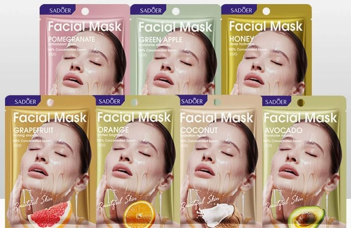 Facial Sheet Mask Set, 7 Natural Fruit Extracts, Moisturising and Nourishing, 7 Pieces image number 1