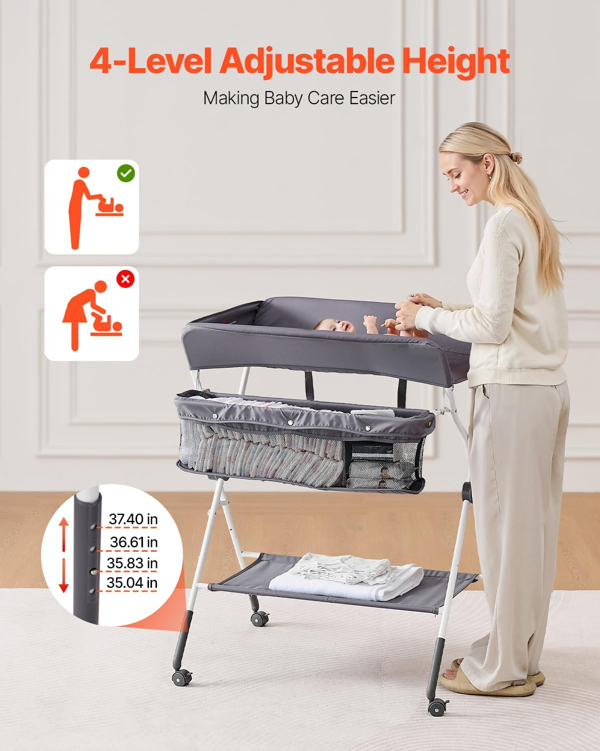 VEVOR Baby Changing Table, Foldable Diaper Change Station with Side Basket, Adjustable Height Portable Changing Table with Lockable Wheels, Multi-Functional Storage Organizer Nursery, Dark Gray