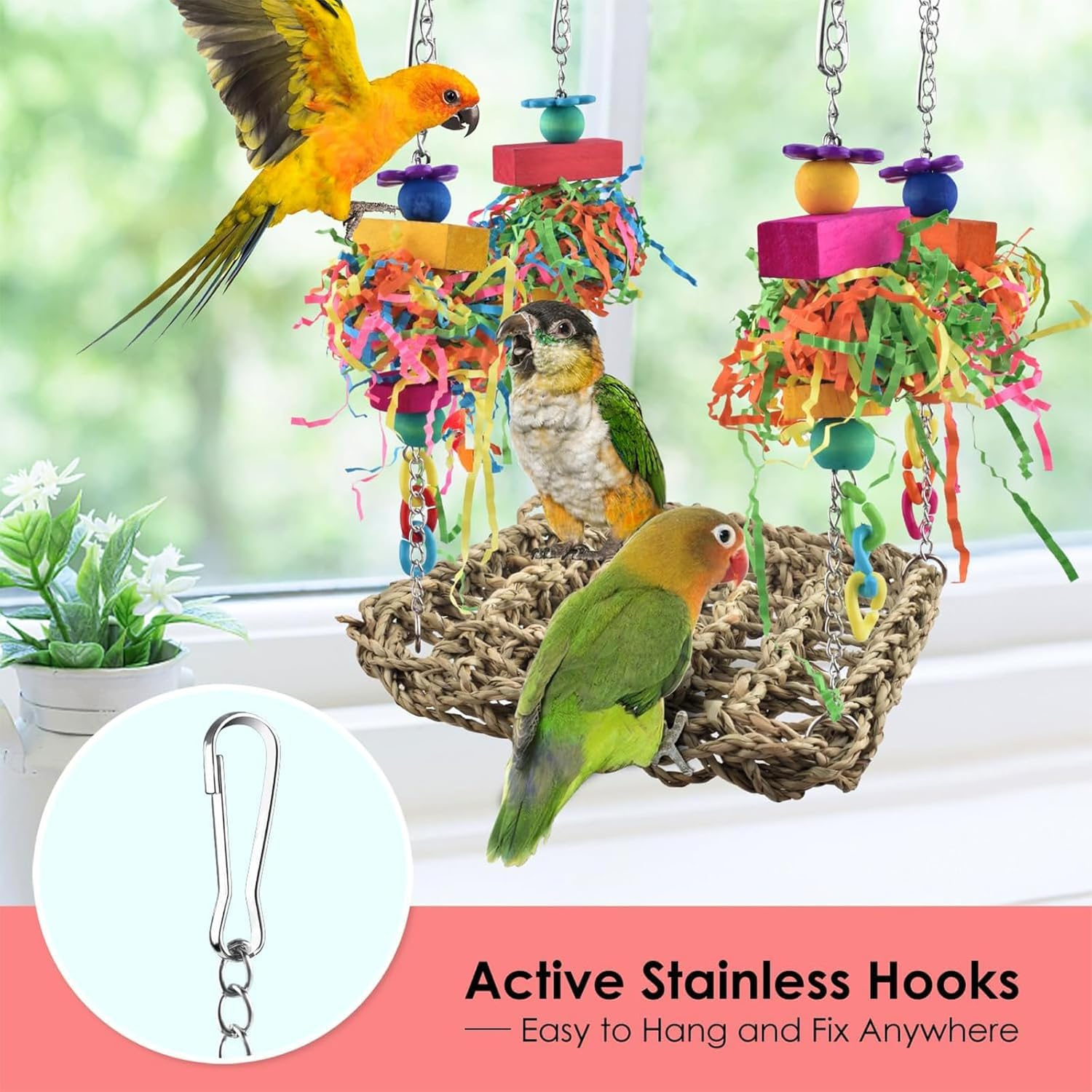 Cozioz Bird Grass Swing Mat &ndash; Parrot Climbing Hammock with Colorful Toys, Perfect for Conures, Parakeets, Cockatiels, Sun Conures, Lovebirds, Budgies, and Small Birds image number 2