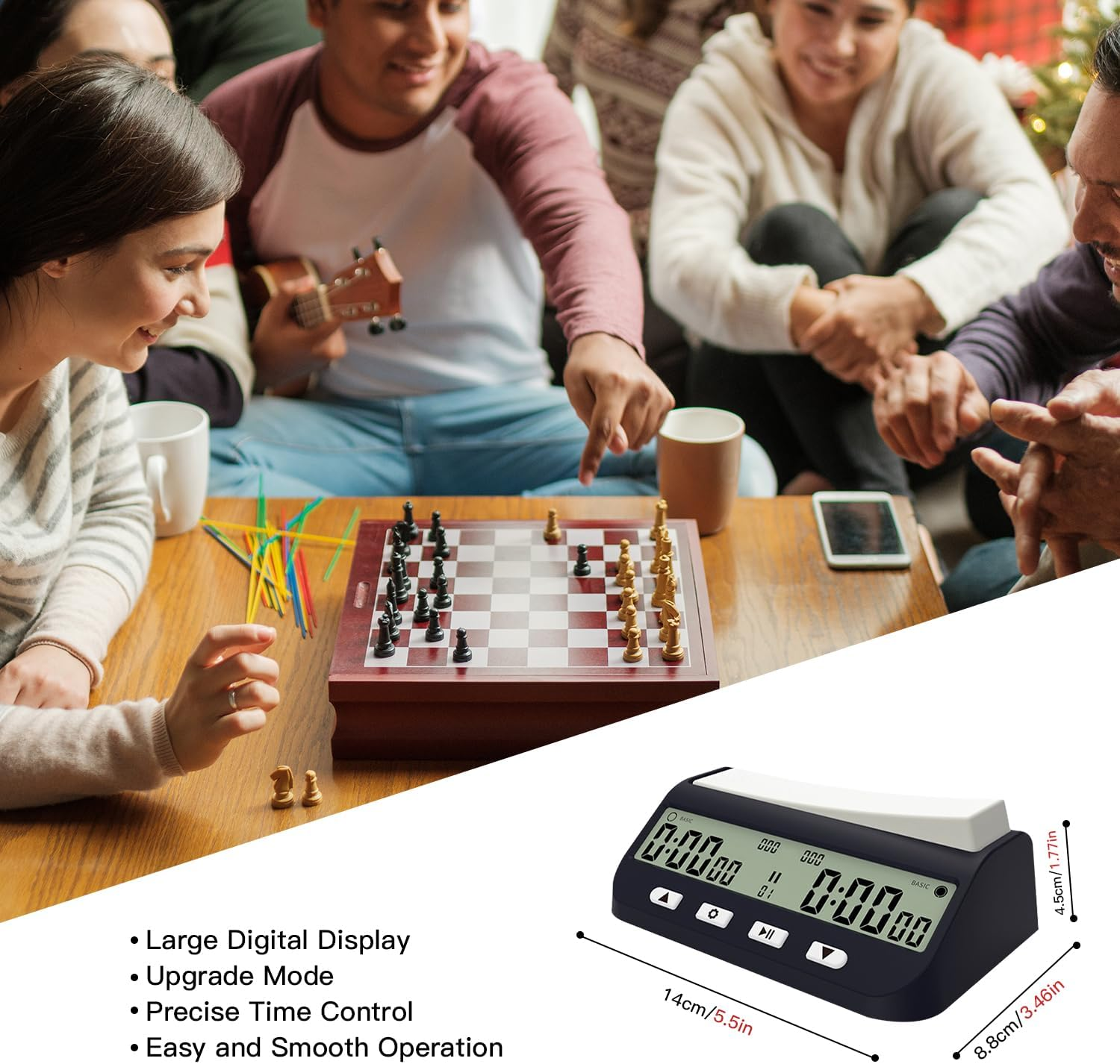 Necomi Digital Chess Timer, Portable Chess Clock Digital Chess Clock for 2-Player Game with Basic Bonus Delay Byo-Yomi & Positive Time Features 5-In-1, New Upgraded to Show Priority of Moves image number 1