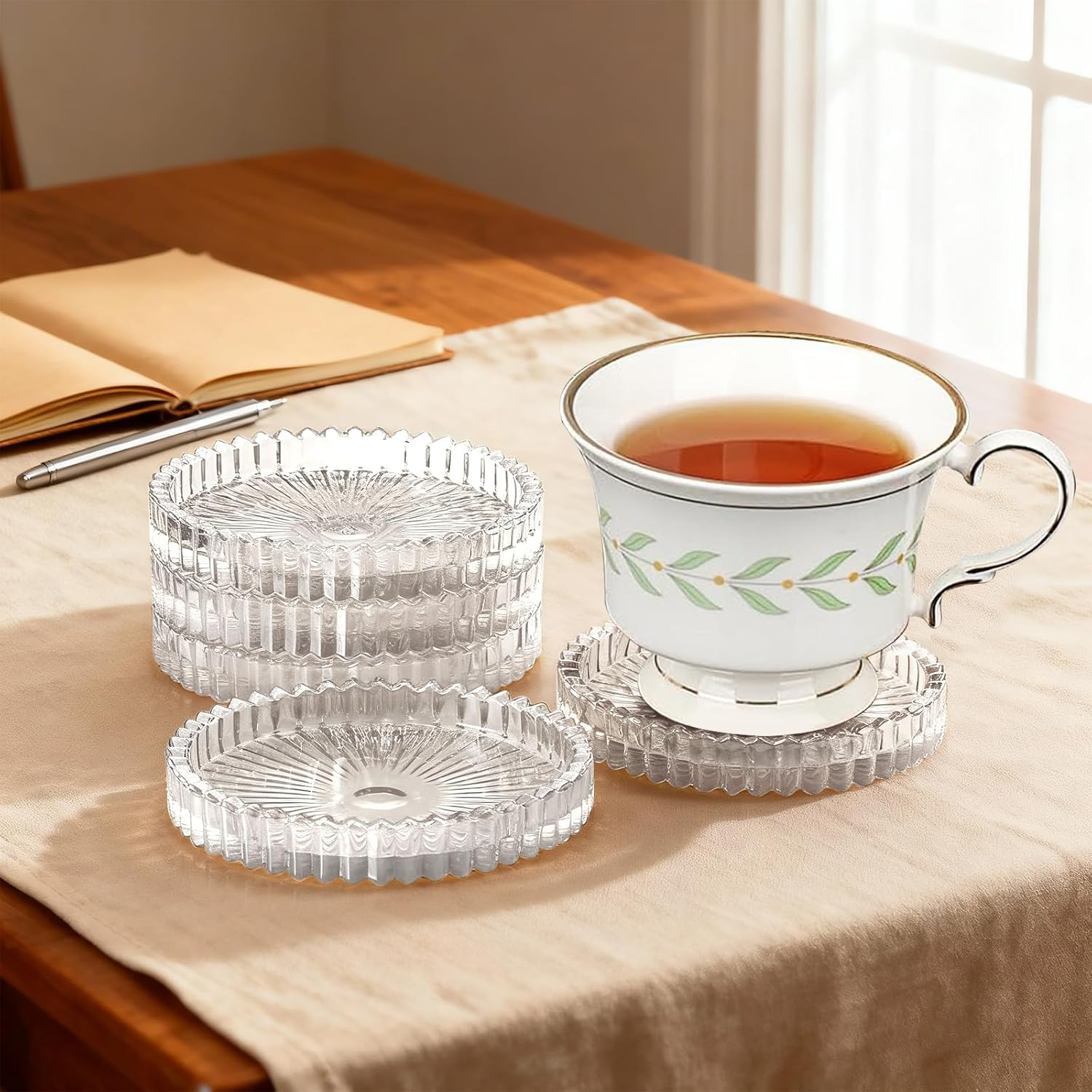 Delsol Drink Coasters Set of 5 for Coffee Table Decor, Glass Coasters for Drinks Cups Home Decor Products Housewarming Gifts Office Coffee Bar Accessories Dining Table (Clear)