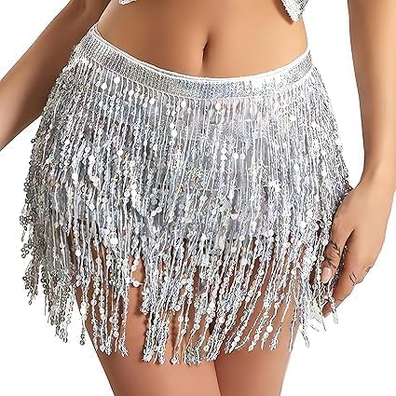 Belly Dance Hip Scarf Sequin Tassel Skirt Dance Wrap Skirts Sparkly Fringe Rave Outfits for Women White