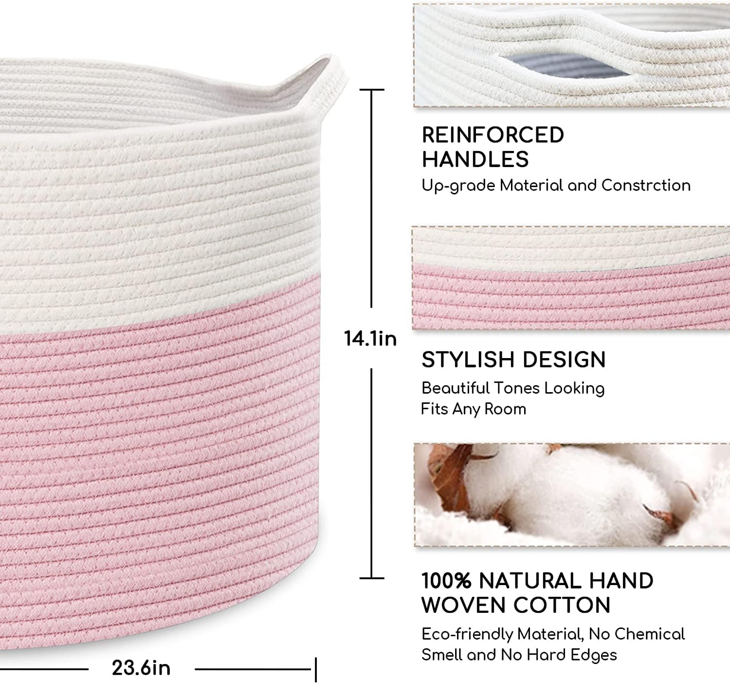 Xxxlarge Cotton Rope Basket 23.6" X 23.6" X 14.1" Woven Baby Laundry Blanket Basket Toy Baskets with Handle Storage Comforter Cushions Thread Laundry Hamper Home Decor Living Room（Pink） - Pink image number 4