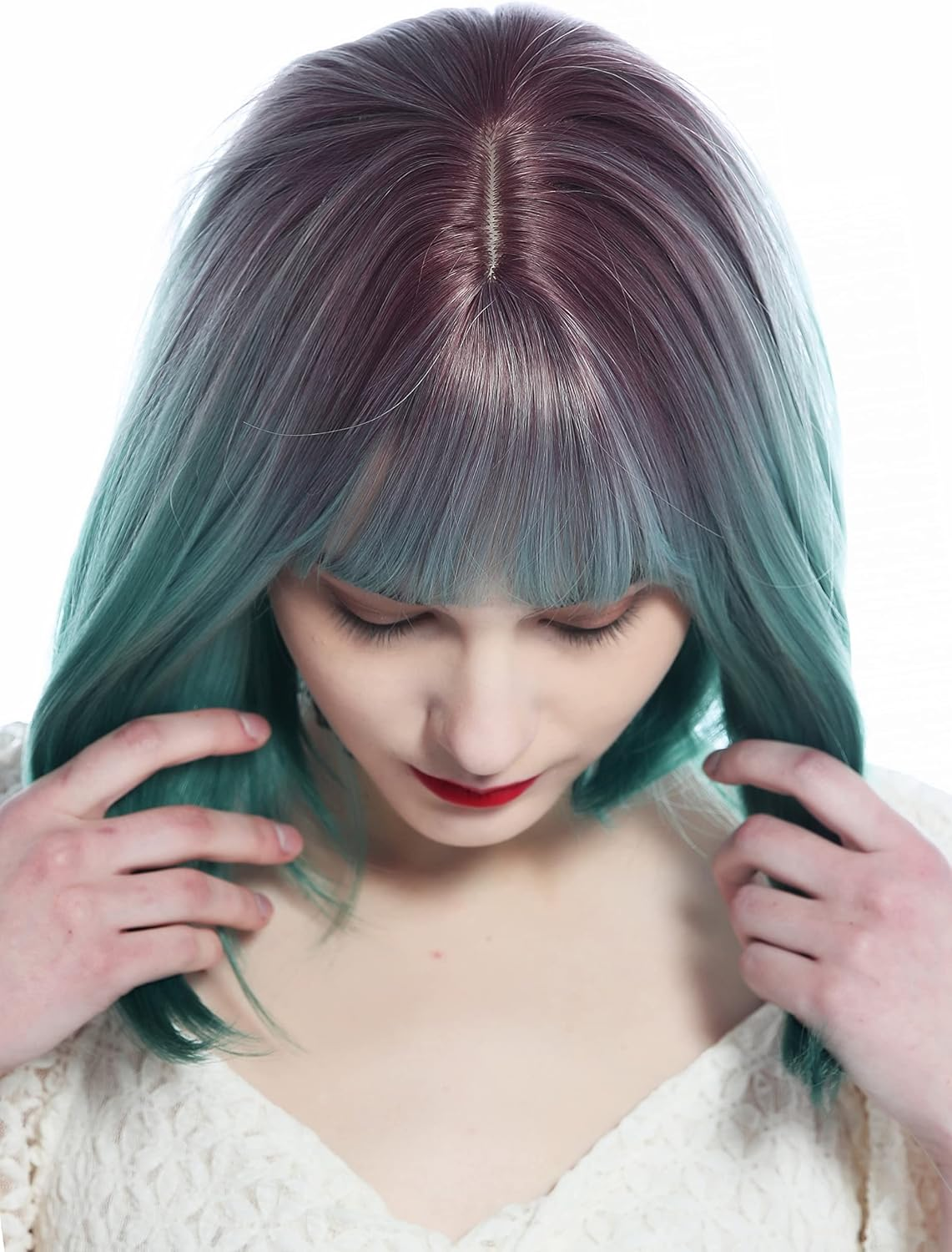 WIG ME up - SZL0842-T-007 Women'S Wig Short Straight Long Bob Bob Fringe Purple Green image number 4