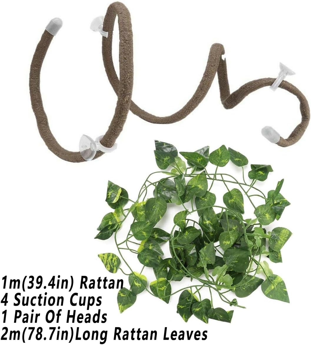 Artificial Tree Vine Lizard Chameleon Snake Climbing Vine with 2M Long Decorative Leaves, Rattan Climbing Plant for Pet Enclosure, Crawler Habitat Fake Vine with Suction Cups, Suitable for Reptile Ter