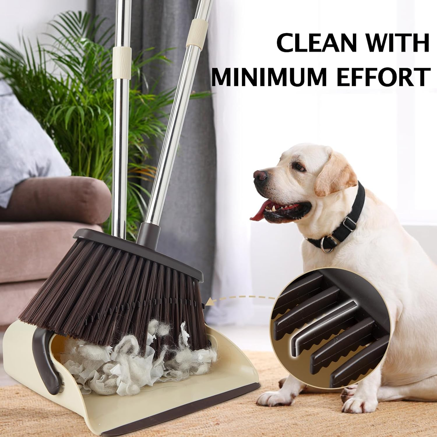 XXFLOWER Long Handle Dustpan and Brush Sets, Broom and Dustpan Set with Comb Teeth, Sweeping Brush Set for Indoor Kitchen Lobby Office Sweeping Pet Dog Hair, Household Cleaning Supplies (Brown Beige) image number 2