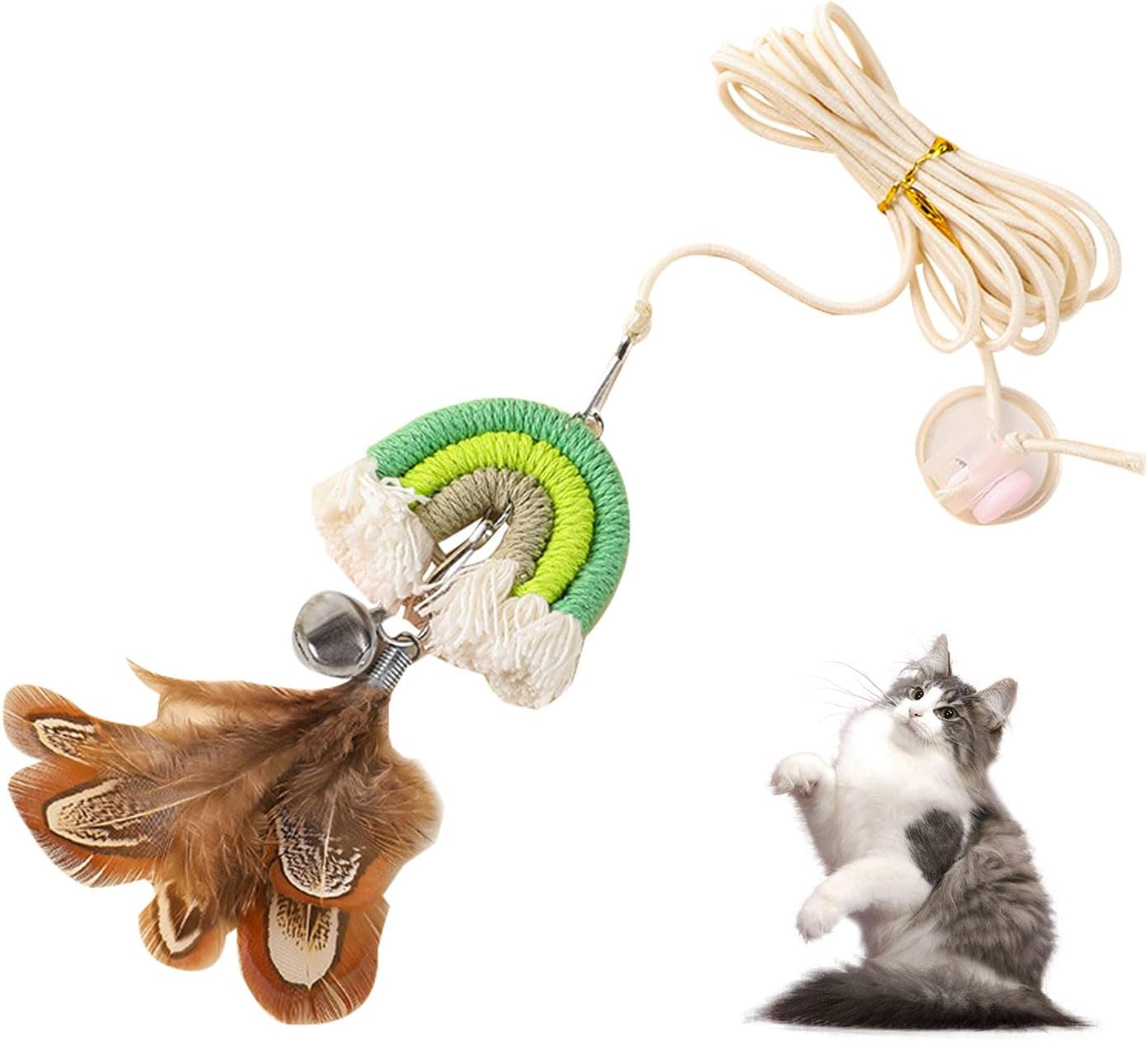 Luckyopt Interactive Cat Toy, Plush Cat Toy with Feather and Colourful Ornament Rainbow, 0.78 Inch Feather Toy for Cat Game and Killing Time (Green) image number 2