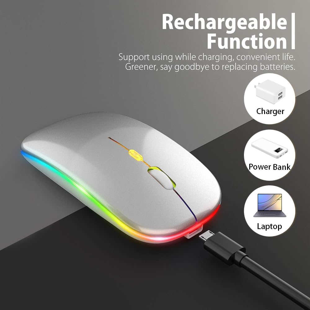 LED Wireless Mouse, Rechargeable Slim Silent Mouse 2.4G Portable Wireless Bluetooth Mouse Dual Mode with USB Receiver and Type C Adapter, 3 Adjustable DPI for Notebook, PC, Laptop (Silver)