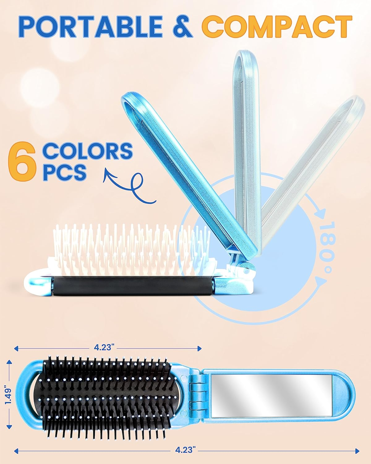 6 PCS Folding Travel Hairbrush Set with Compact Mirror for Women - Mini Pocket Brush with Mirror for Purse and Girls image number 1
