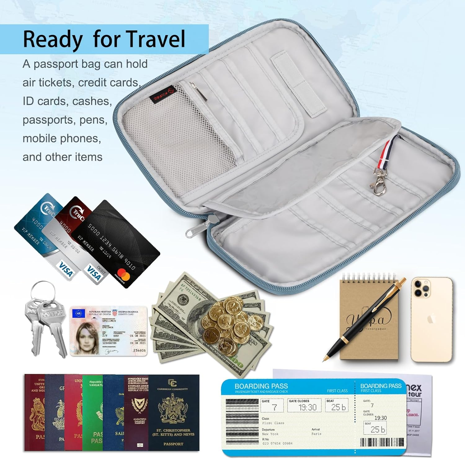 Fintie Family Passport Holder for Travel, 6 People Big Capacity RFID Blocking Travel Document Organizer Clutch Bag with Pen Holder Keychain Credit Cards Case Cover for Women Men, Blooming Hibiscus image number 2