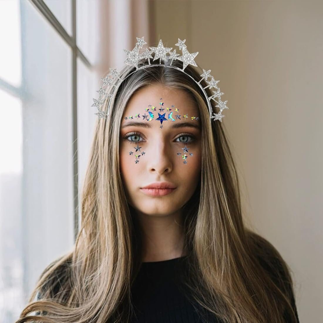 Headband Stars Glitter Mermaid Face Gemstones Stick Jewels for Women Cosplay Mermaid Halloween for Festival Party Bride Bridesmaids image number 2